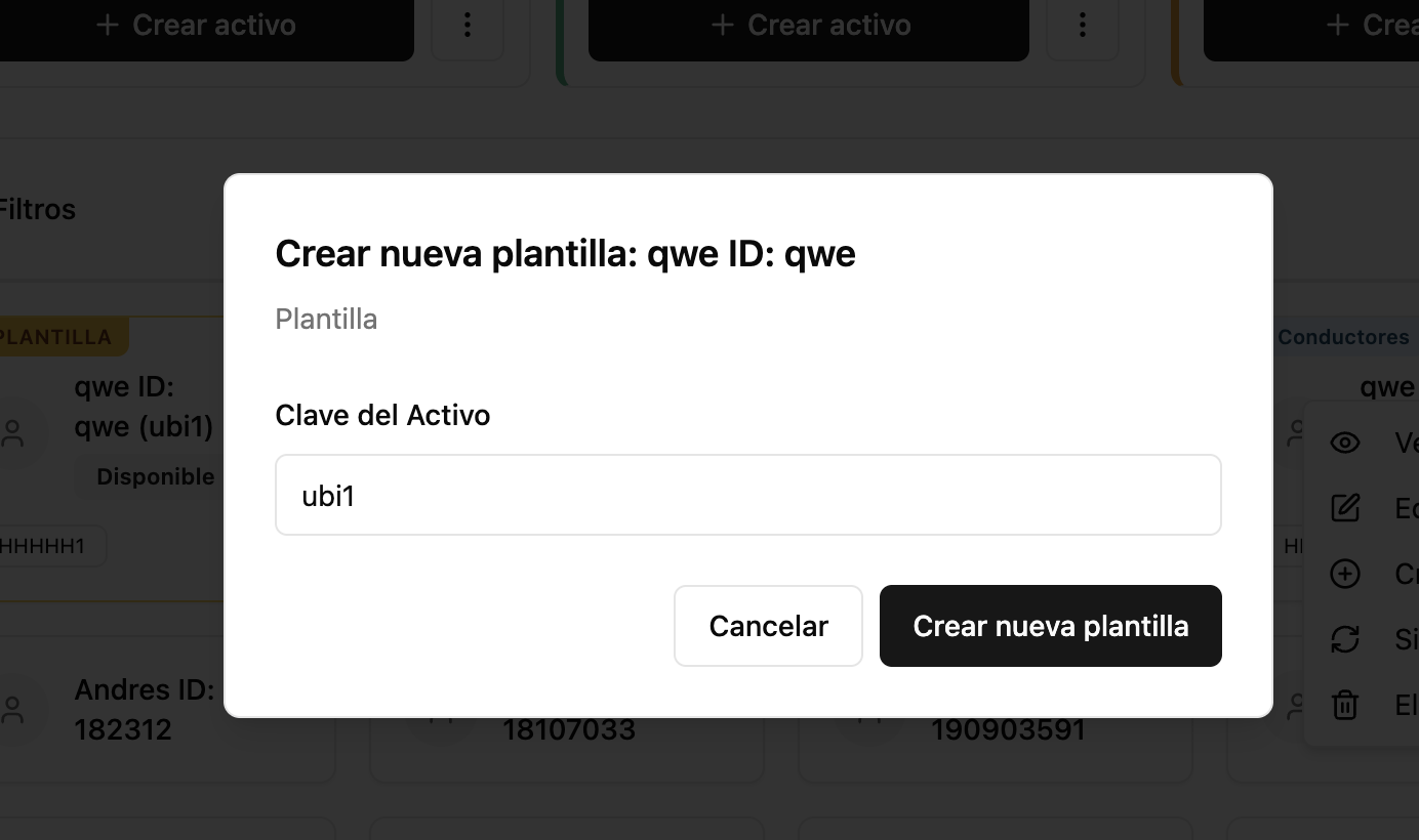 Diálogo Crear nueva plantilla pidiendo la clave del activo