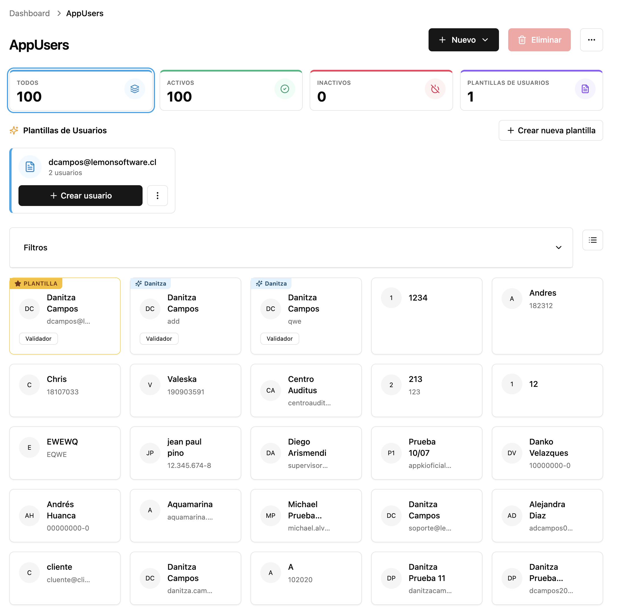 Lista de AppUsers con KPIs y strip de plantillas