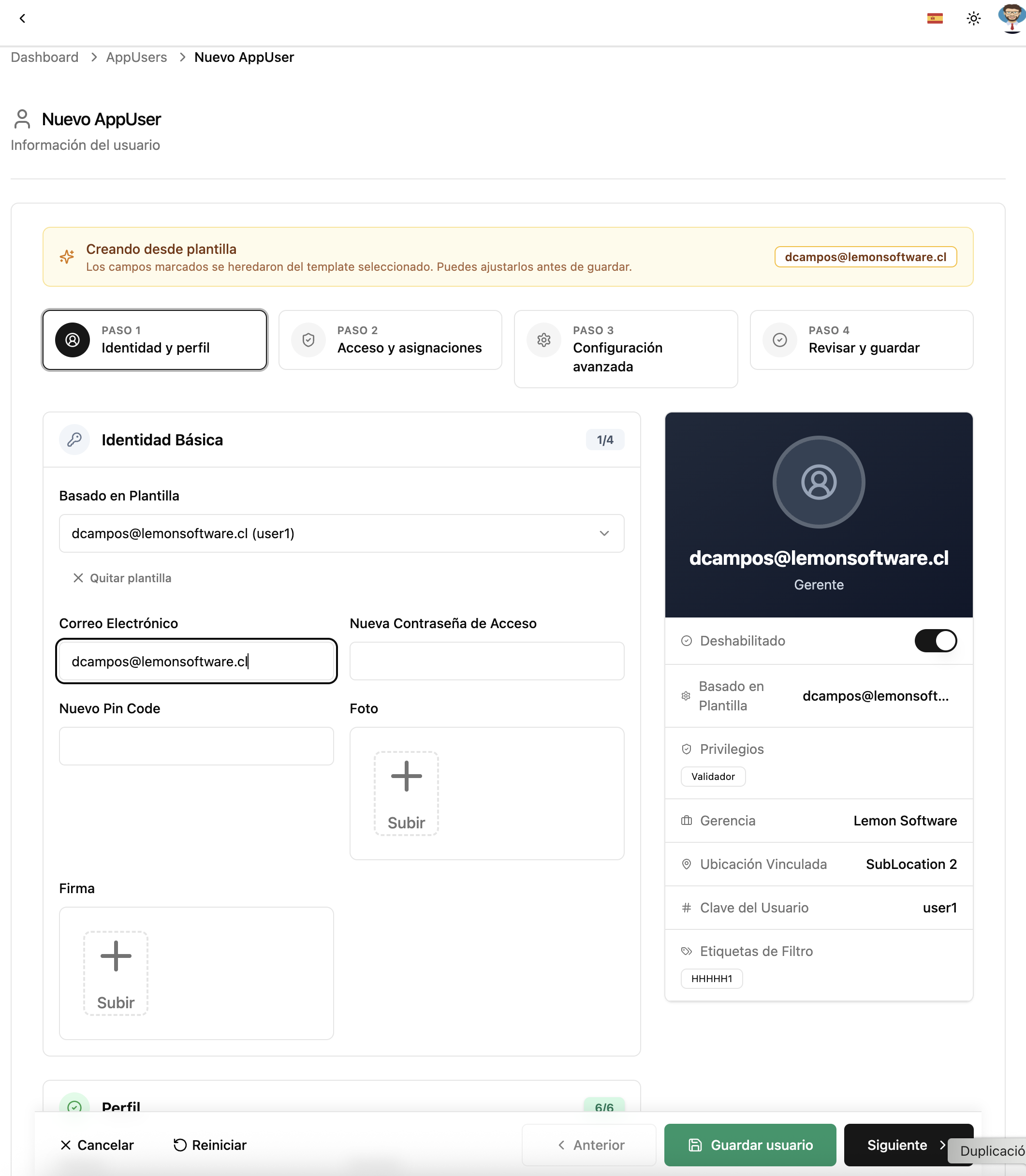 Wizard de AppUser con plantilla seleccionada