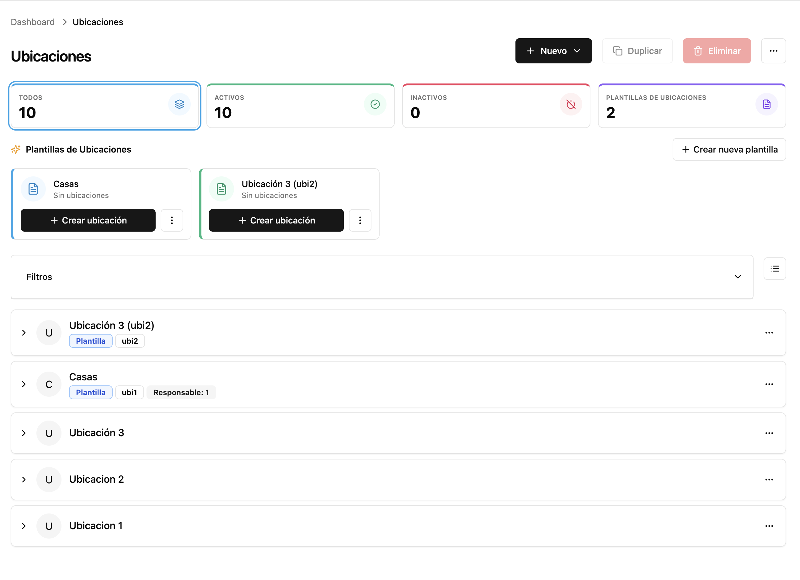 Lista de Ubicaciones con KPIs y plantillas