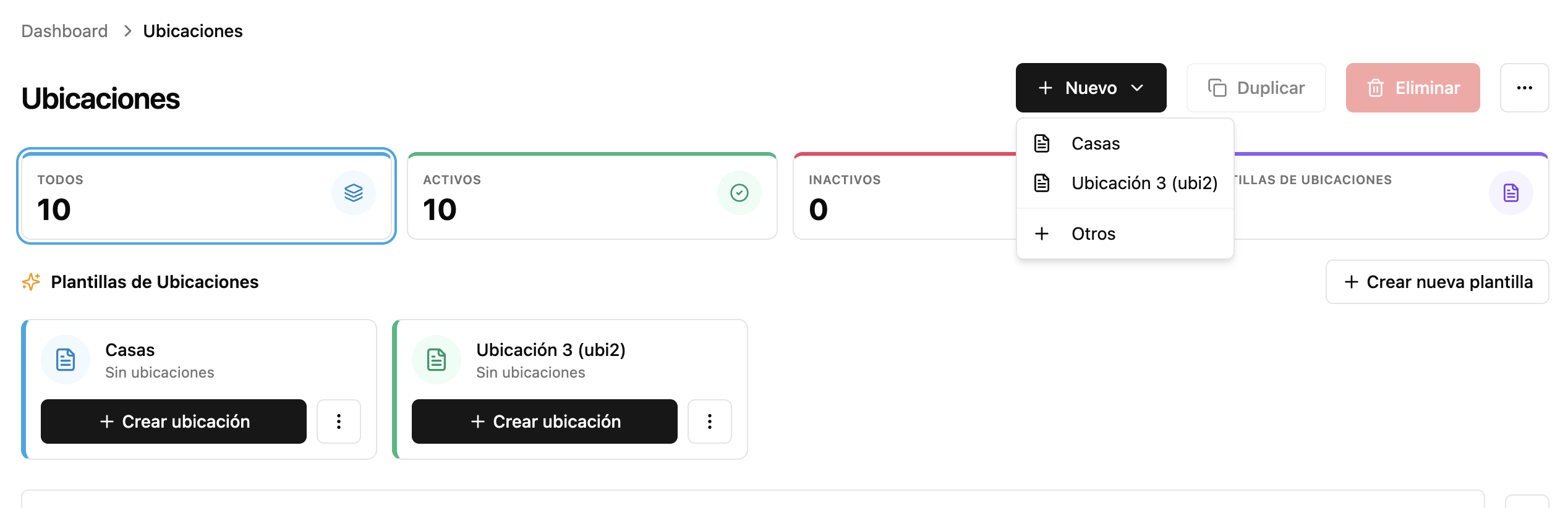 Desplegable + Nuevo en Ubicaciones